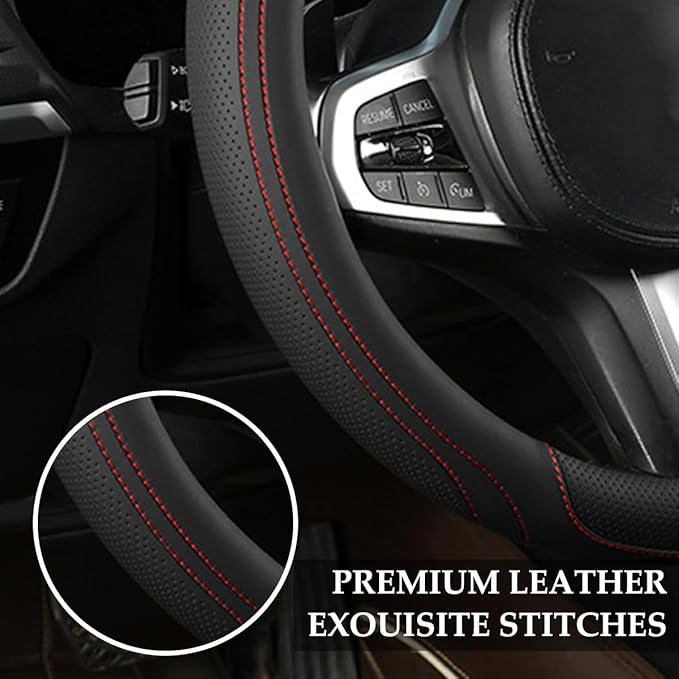 HZEL Car Steering Wheel Cover, 15 Inch Leather Comfortable Vehicle Steering Wheel Protector with Inner Rring, Anti-Slip Automotive Interior Accessories, Universal for SUV RV Truck (Black/Red)