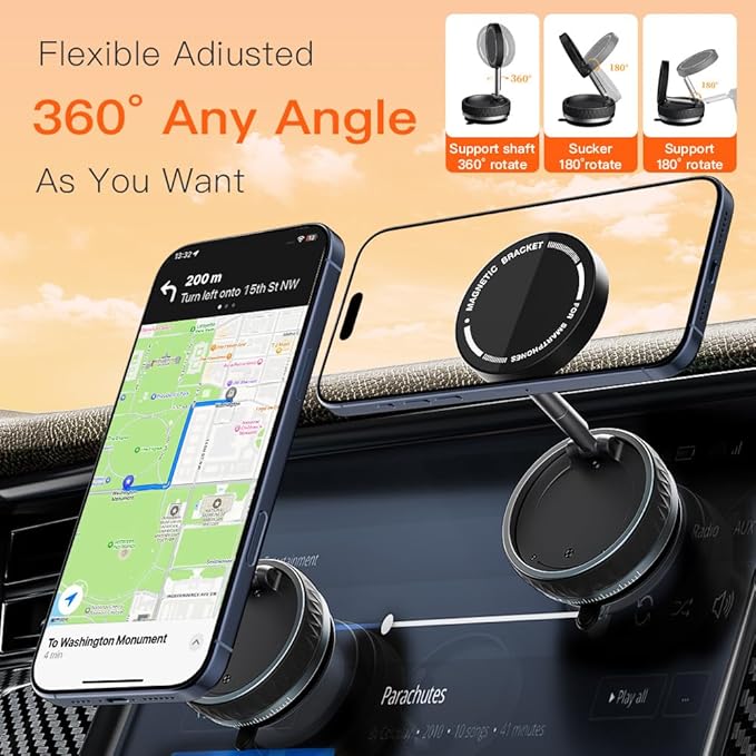 Vacuum Suction Magnetic Car Phone Holder, 66LBS Strongest Suction Cup Phone Holder, 360° Adjustable Magnetic Car Phone Mount, Quick Release Cell Phone Holder for All Phones/Smooth Surface