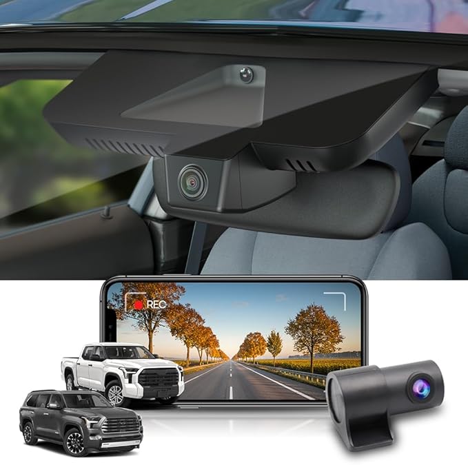 Fitcamx Front 2K+Rear 1080P Dash Cam Adapts for Toyota Tundra 2022-2026 Hybrid & Sequoia 2023-2026 (Gen3), OEM Style, Dual HD Video, WiFi & APP, Loop Recording, G-Sensor, Easy to Set, 64GB Card