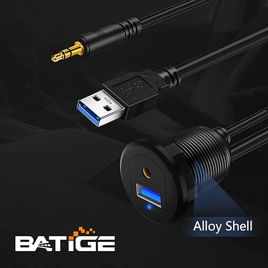BATIGE Alloy USB 3.0 AUX DC3.5mm Port Car Mount Flush Cable for Car Boat Motorcycle Dash Panel with LED Indicator - 3ft