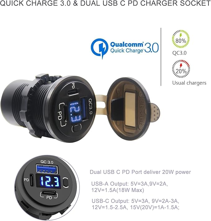 12V USB Outlet, Dual USB C Car Charger Socket & Quick Charge 3.0 Port with Voltmeter and Power Switch for Car Boat Marine Truck