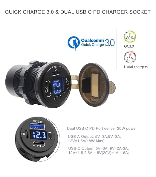 12V USB Outlet, Dual USB C Car Charger Socket & Quick Charge 3.0 Port with Voltmeter and Power Switch for Car Boat Marine Truck 2 Pack