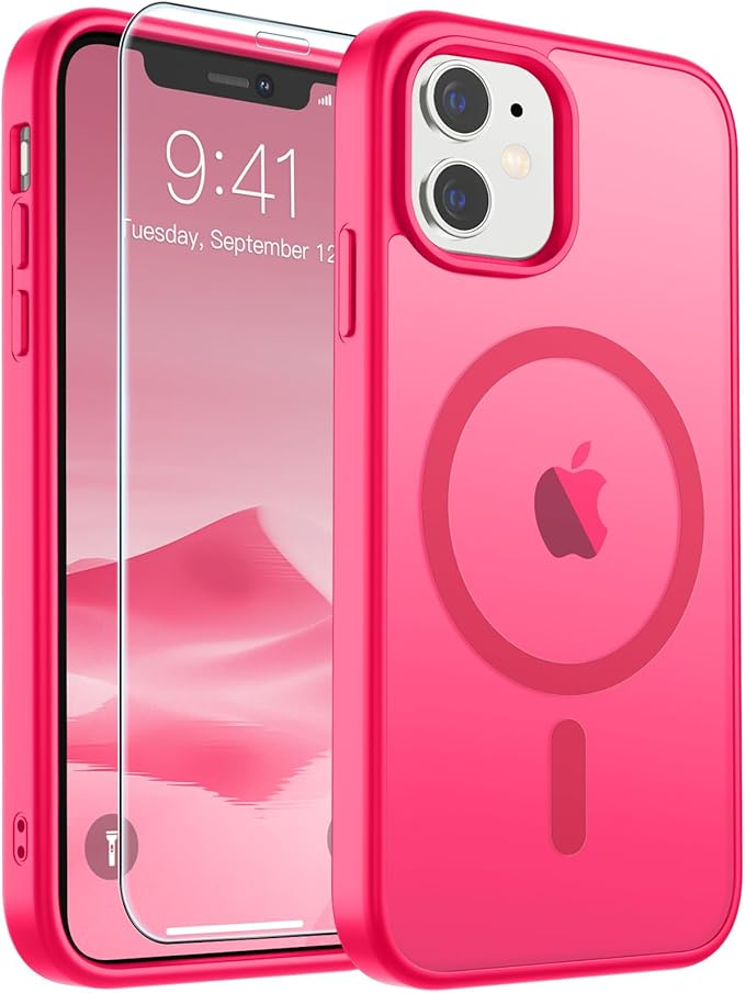 SUPFINE Magnetic for iPhone 11 Phone Case with Screen Protector (Compatible with MagSafe) (Military Grade Drop Protection) Slim Translucent Matte Shockproof Phone Cover,Hot Pink