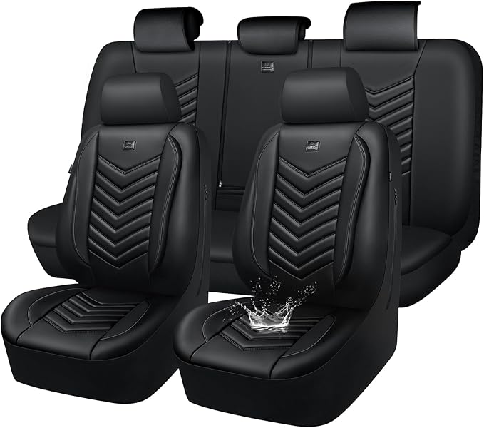 CAR PASS 3D Foam Faux Leather Car Seat Covers Full Set,Waterproof Leather Seat Cover for Cars,Luxury Universal Fit for SUV Truck Sedan Automotive, Armrest Airbag Compatible Anti-Slip, All Black