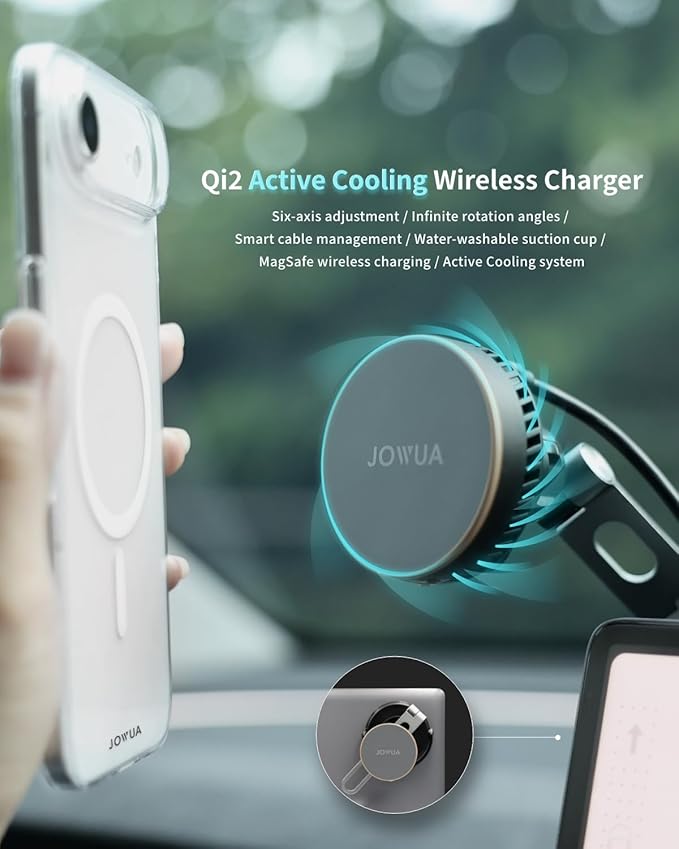 Jowua Active Cooling 6D Tesla Compatible Invisible Foldaway Car Mount Qi2 Wireless Charger for Tesla S/3/X/Y/Cybertruck (Magnet), Compatible for magsafe