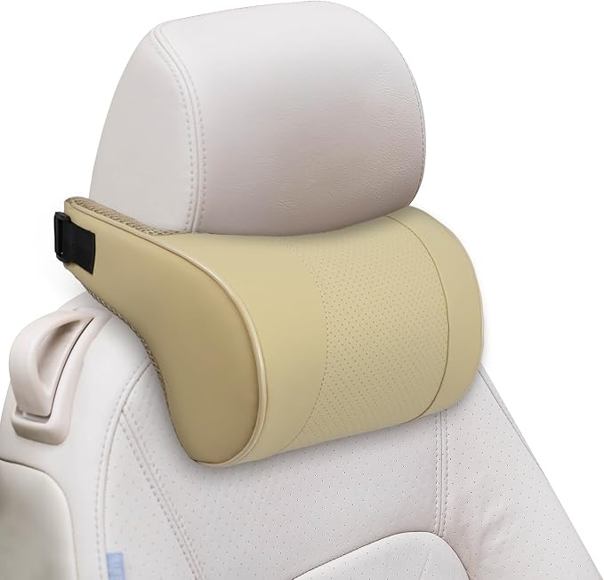 Car Neck Pillow with Memory Foam, Soft Comfortable Headrest Pillow for Driving, Ergonomic Design, Auto Seat Neck Support Pillows Head Rest Cushion with Breathable Leather Cover (Beige)