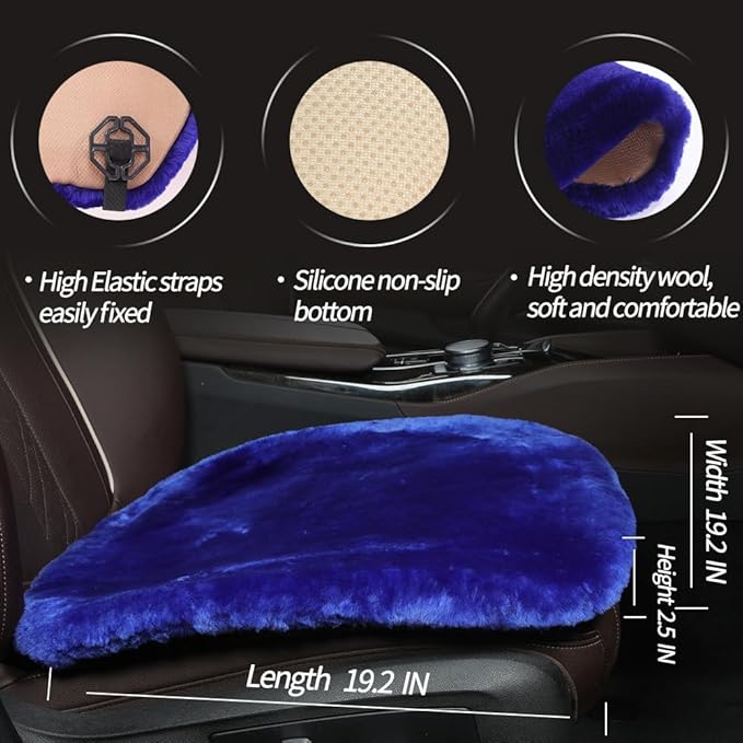 LLB Genuine Sheepskin Car Seat Cushion Seat Covers for Cars Trucks SUV Comfort Seat Protector Pad for Car Driver Seat Car Accessories for Women Office Chair Car Decor (Blue, Front Seat Cushion-1 Pc)