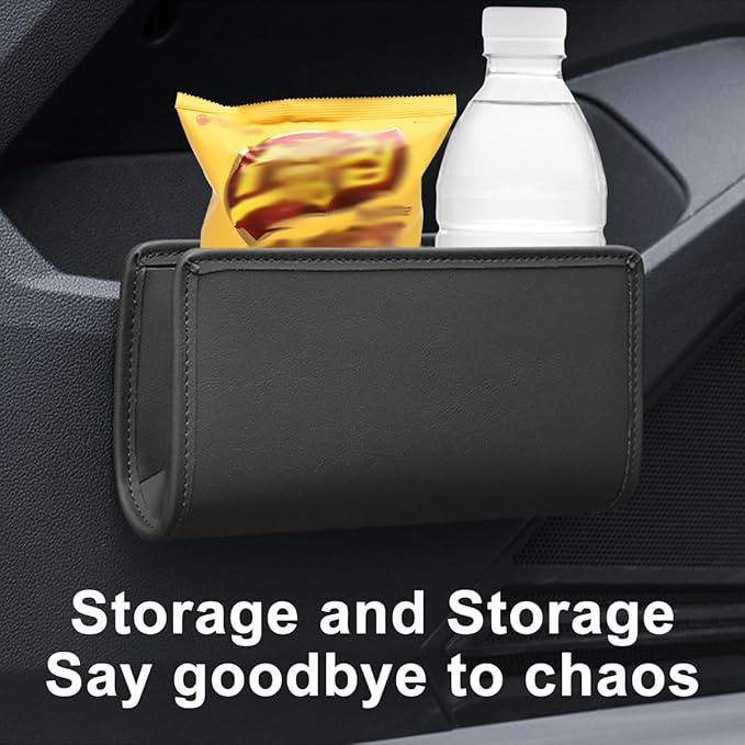 Car Seat Side Storage Pocket, Leather Hanging Foldable Multifunctional Vehicle Front Door Back Organizer Box, Waterproof Auto Interior Organizing Container, Universal fit(Black)
