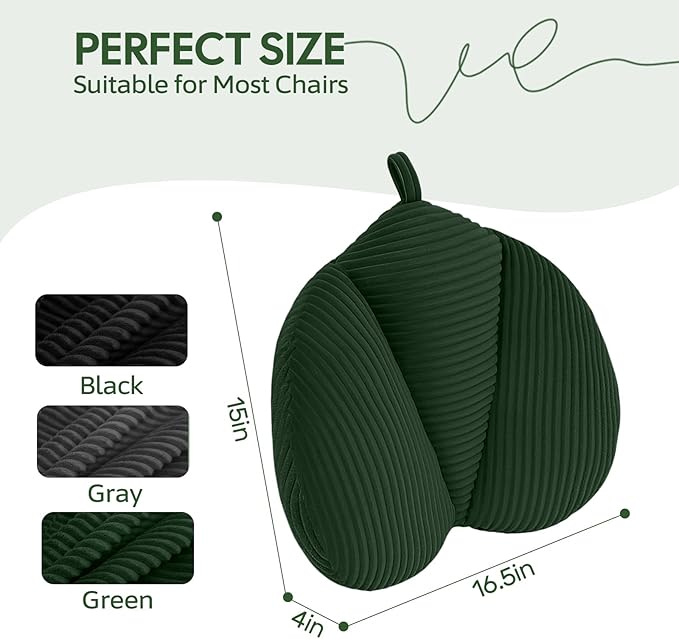 Lumbar Support Pillow for Recliner, Back Support Pillow for Office Chair, Back Cushion with Shredded Foam for Back Pain Relief & Reading, Lumbar Cushions for Couch, Sofa Seat, Car, Green