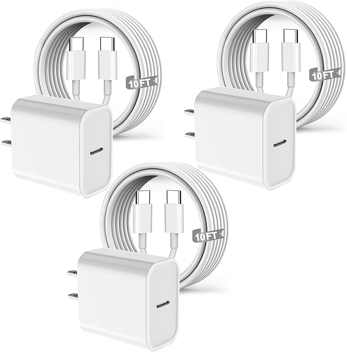 [3 Pack] Long 10FT iPhone 17 Charger 20W Fast Wall Charger Block,[Apple MFi Certified] 10Foot USB C Cable Fast Charging for iPhone 17 Pro Max/17 Pro/Air/iPhone 16 Pro/16 Plus/16E/15 Pro,iPad 2018-2025