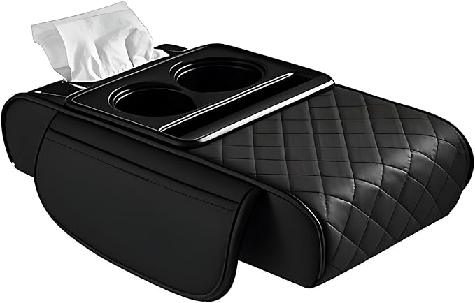 Car Center Console Organizer Armrest Storage Box with 2 Cup Holders-Universal 5-in-1 Leather Cushion Cover,Phone Slot & Tissue Holder for SUV/Sedan(Black)