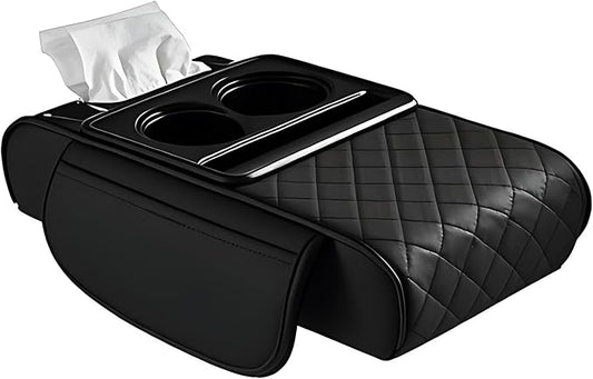 Car Center Console Organizer Armrest Storage Box with 2 Cup Holders-Universal 5-in-1 Leather Cushion Cover,Phone Slot & Tissue Holder for SUV/Sedan(Black)