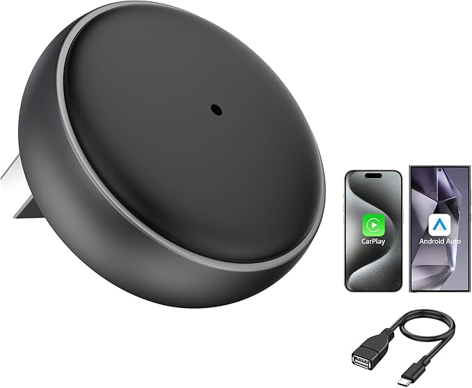 2-in-1 Wireless CarPlay & Android Auto Adapter, 50% Smaller, Converts Wired to Wireless, Zero Latency, Auto-Connection, Plug & Play Adapter for Apple iPhone iOS 10+ & Android 11+