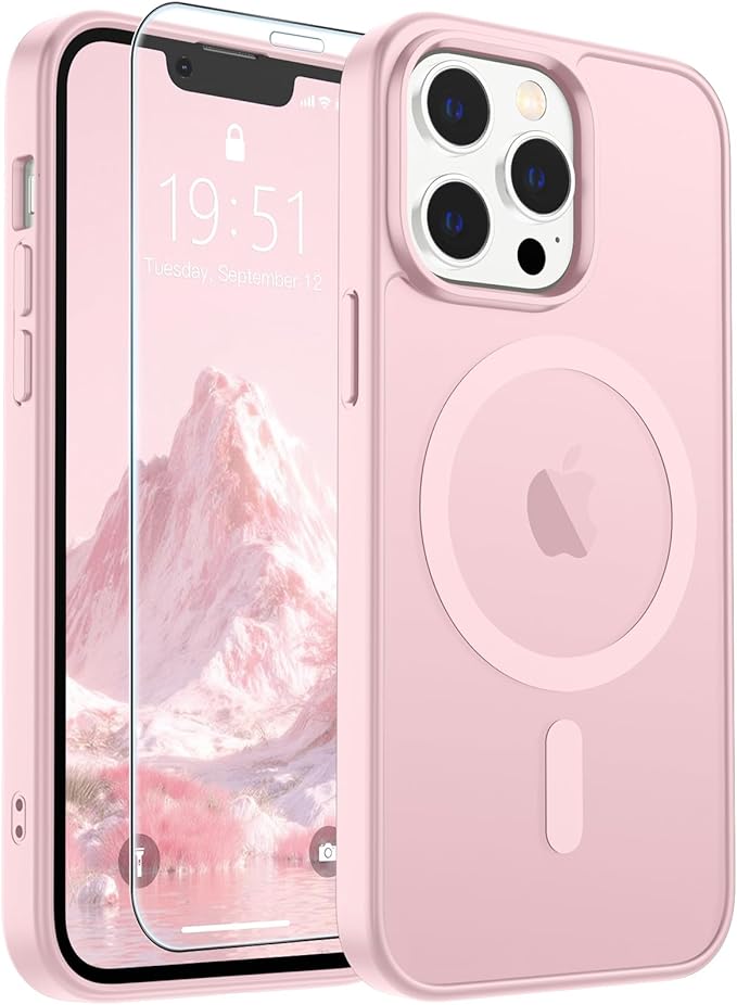 SUPFINE Magnetic for iPhone 12 Pro Max Case with Screen Protector (Compatible with MagSafe) (Military Grade Drop Protection) Translucent Matte Shockproof Phone Cover,Light Pink