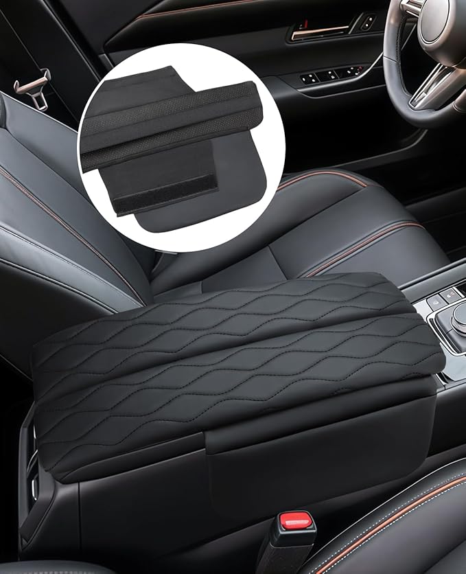 INTGET Center Console Cover for Mazda CX5 Accessories 2026/CX50 CX-50 2023 2024 2025 2026 Car Interior Leather Armrest Arm Rest Lid Cushion Pad Protector (2023+, Black Stitches with Pattern)