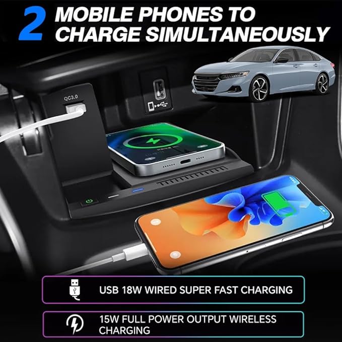 Wireless Car Charger for Honda Accord 2018 2019 2020 2021 2022, Wireless Fast Phone Charging Pad, Fit for Honda 10th Gen Accord Hybrid LX/Sport/EX/EX-L/Touring Interior Accessories Upgrades