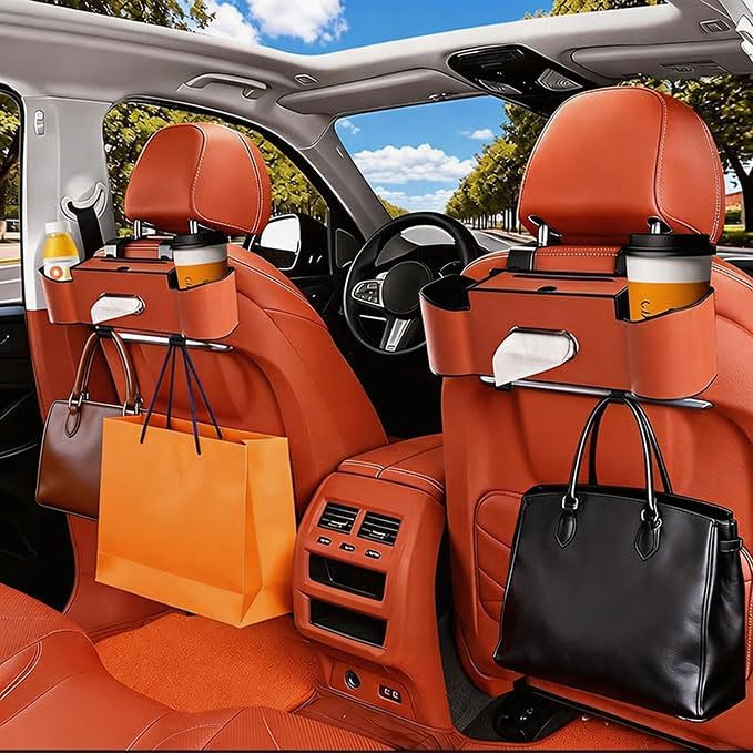 Backseat Car Organizer,4 in 1 Multifunctional Car Back Seat Storage Box with Drink Cup Holder Tissue Box, for Hold Phone,Snacks, Drinks, Handbag (Orange)