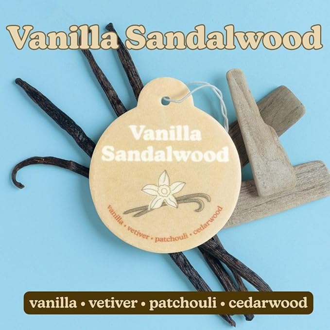 Happy Wax Vanilla Sandalwood Car Charms 4-Pack - Scent Notes: Vanilla, Vetiver, Patchouli and Cedarwood
