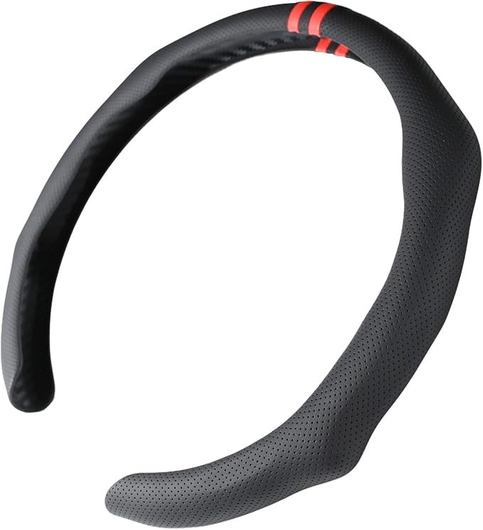 Quick Install Sporty Perforated Nappa Leather Steering Wheel Cover with Red Stripes Universal fit 14½" to 15" Car SUV Pickup 14.5 to 15 inches Napa
