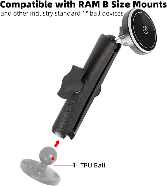 1 inch Ball Magnetic Wireless Charging Phone Holder Base for Magsafe, 5.9" Aluminum Long Arm, 1" (25mm) Ball Mount for MagSafe Charger, Compatible with RAM Mounts B Size Components