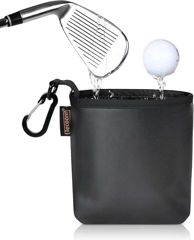 Teccom Golf Club and Ball Cleaning Bag, Golf Cleaner Pouch with Three-Layer Waterproof Fabric Technology, Microfiber Layer, Neoprene, PU Leather Exterior, Detachable Clip, Golfer Gift