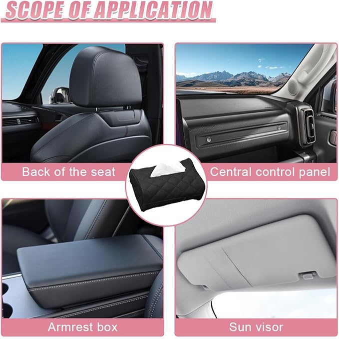 Car Tissue Holder, Soft PU Leather Auto Backseat Napkin Holder, Rectangle Hanging Tissue Box for 100-150 Standard Tissues, Universal Car Interior Storage & Organization Accessories (Black)