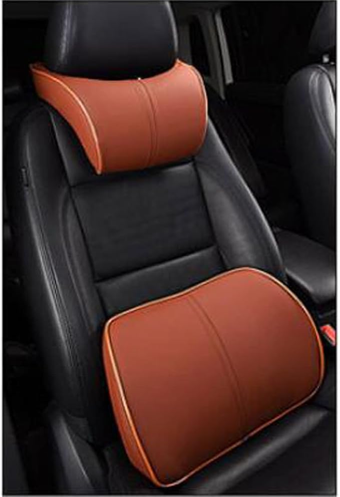 Car Seat Lumbar Support Pillow Neck Pillow Headrest Head Support Back Cushion Pad Soft Memory Foam Artificial Leather for Car Home Office Chairs Lower Back Pain Relief Corrects Posture Brown