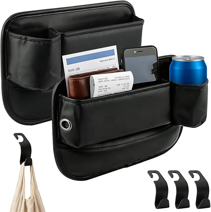 2 Pack Car Seat Gap Filler Organizer, Leather Seat Gap Bag with Cup Holder (3.14 inch) & 4 Hooks, Anti-Slip Flannel Lined Storage Box for Phone, Keys, Wallet, Fit Most Cars