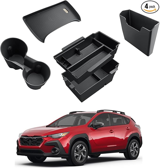 Center Console Organizer Set For 2024-2026 Subaru Crosstrek/Hybrid - 4 Pcs Double-Layer Armrest Box Organizer + Hanging Organizer + Cup Holder + Wireless Charging Area Mat For Crosstrek Accessories