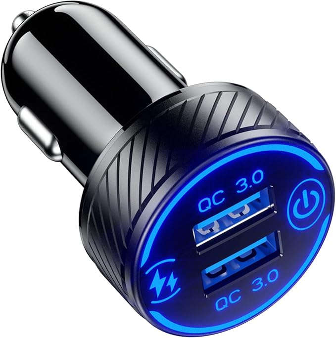 BRCOVAN Car Charger, Dual QC3.0 Port USB Car Phone Charger Adapter, 36W 3A Fast Charge with Touch Switch & Blue LED