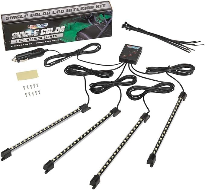 LEDGlow 4pc Blue LED Interior Footwell Underdash Neon Lighting Kit for Cars & Trucks - 7 Unique Patterns - Music Mode - 8 Brightness Levels - Auto Illumination - Includes Cigarette Power Adapter