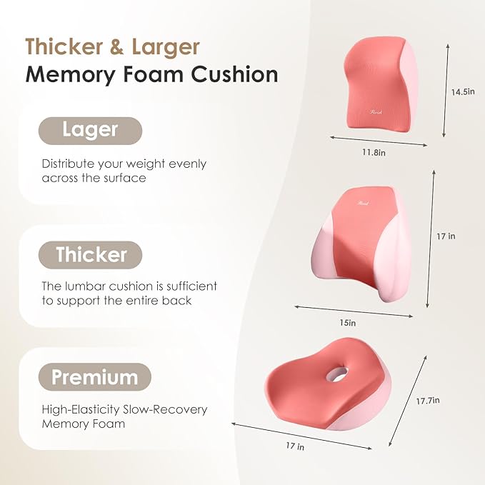 FLORICH Car Seat Cushion & Lumbar Support Pillow & Car Neck Pillow Ergonomic and 100% Memory Foam, Upgraded Larger and Breathable Car Seat Cushion & Back Support Pillow - Pink