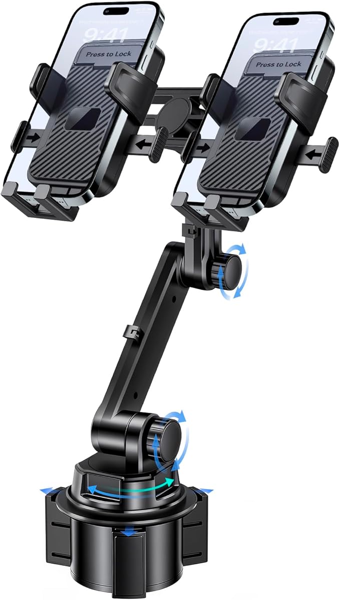 Dual Cup Phone Holder for Car, Cup Mount, Holds 2 Phones Simultaneously, Universal Must-Have Car Mount, Fits iPhone/Samsung/Motorola/Google/LG/TCL & 4.0-7.0 Inch Smartphones