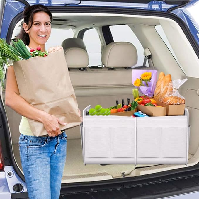 Homeve Trunk Organizer, Car Storage, Reinforced Handles, Collapsible Multi-Compartment, Foldable, Waterproof, Sturdy, 600D Oxford Polyester For Car, SUV, Mini-Van, White, 2 Compart
