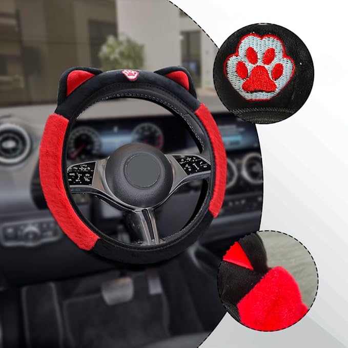 Car Steering Wheel Cover, 15 Inch Fluffy Soft Plush Auto Protector, Anti-Slip Elastic Lovely Car Cover Accessories with Kitty Cat Ears Universal for Most Vehicles (Fluffy-Black+Red)