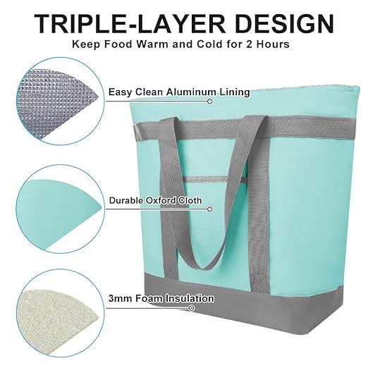 CIVJET Insulated Reusable Tote Bag for Grocery Shopping for Women/Men, Pizza/Food Delivery Bag to Keep Food Cold/Hot for Commercial Food Transport, Cooler bags for Travel/Beach/Picnic, Green