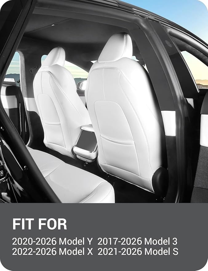 BASENOR 2026 Tesla Model Y(Juniper)/3/S/X Leather Seat Back Kick Protector, Backseat Mats for Kids (Extra Organizer Pocket) Waterproof Scratchproof Resistant Protection White (Set of 2)