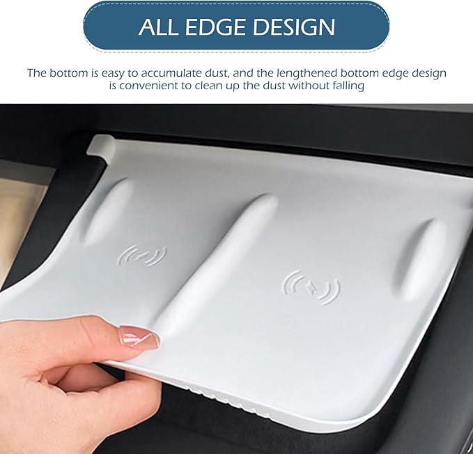 Car Central Control Wireless Charging Mat, Anti-Slip Waterproof Center Console Silicone Pad, Dustproof Phone Charging Protection Mat, Compatible with 2021-2025 Te-SLA Model Y/3 (White)