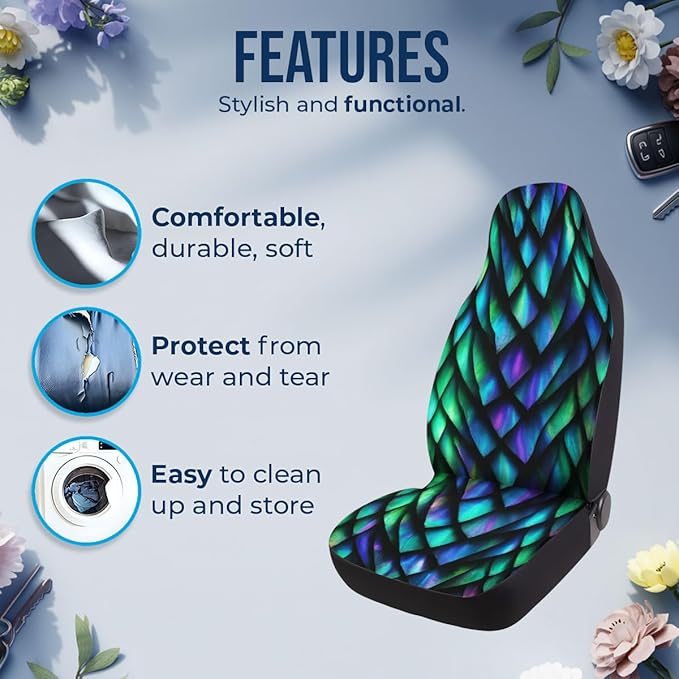 GENANY Holographic Dragon Scale Car Seat Covers Set of 2, Breathable Front Seat Covers for Truck Sedan SUV, Holographic Car Accessories, Dragon Gift for Women Men