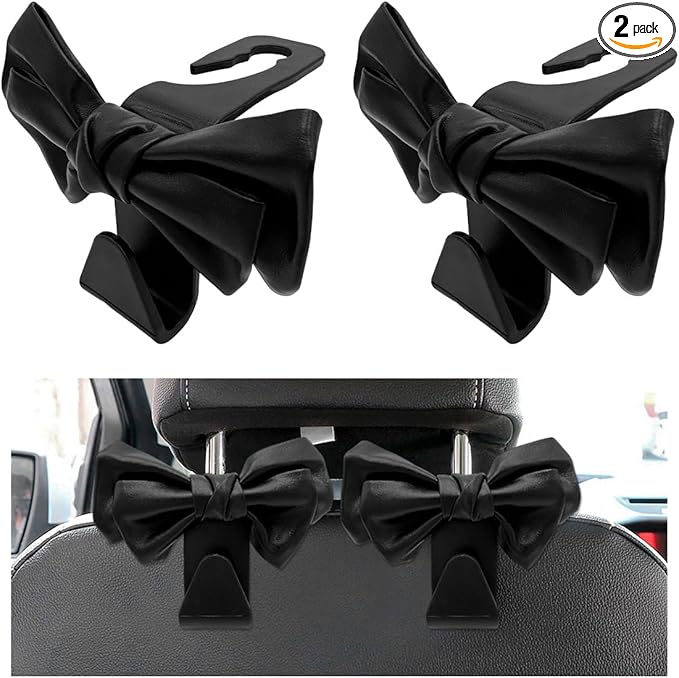2PCS Purse Holder for Car Hooks, Cute Bow Car Seat Headrest Hooks Handbag Hanger, Bow Knot Auto Back Seat Organizer Storage Hook for Purse Bags Umbrellas, Car Accessories (Black)