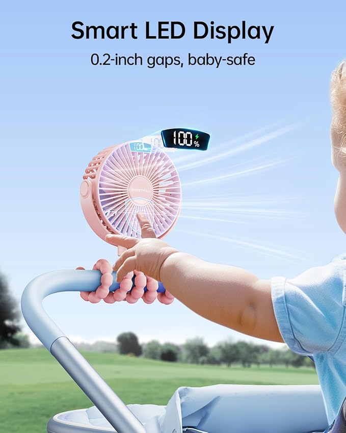 SWEETFULL Portable Stroller Fan with LED Display, 4 Speed Rechargeable Mini Clip On Fan, 360° Rotate Flexible Tripod Better Cooling Small Baby Fan for Car Seat Crib Travel Bike Treadmill (Pink)