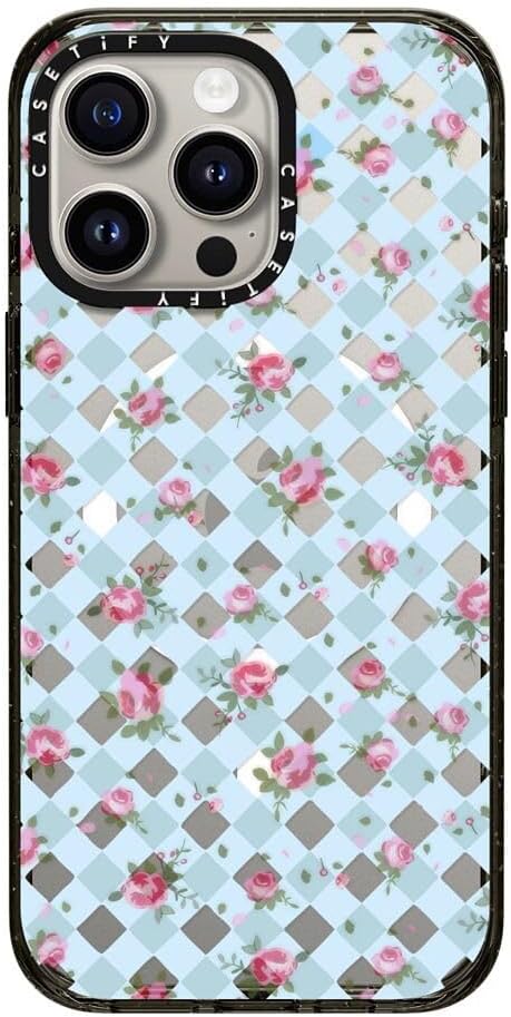 CASETiFY Impact Case for iPhone 15 Pro Max [8.2ft 4X Military Grade Drop Protection/Compatible with Magsafe] - Floral Gingham - Blue - Clear Black