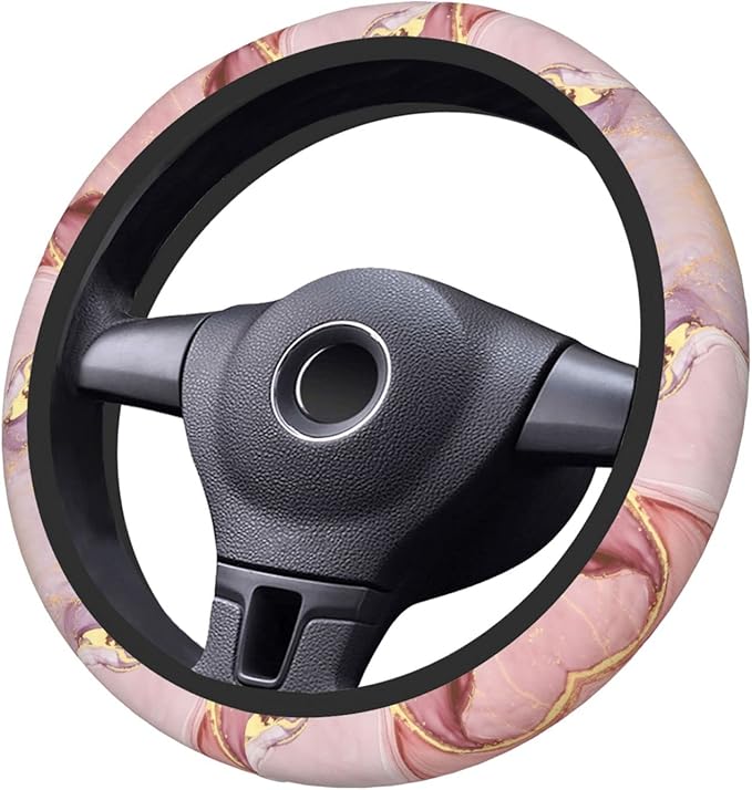 Gold Pink Marble Steering Wheel Cover Women Men Elastic Stretch Soft Car Wheel Protector Universal Breathable No-Slip Car Accessories for Truck Van SUV Auto Fit 14-15 Inches