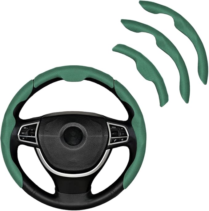 3PCS Car Steering Wheel Cover, Nappa Leather Breathable Non-Slip Segmented Steering Wheel Protector, Snap-on Auto Interior Decoration Accessories, Universal Fit (Green)