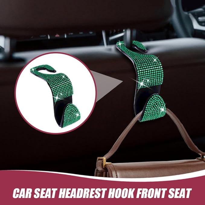 2 Pack Car Seat Headrest Hook, Bling Car Hooks Front Seat, Back Seat Organizer Hanger Storage Hook Car Purse Hook for Bags, Clothes, Coats, Grocery Bags (Green)