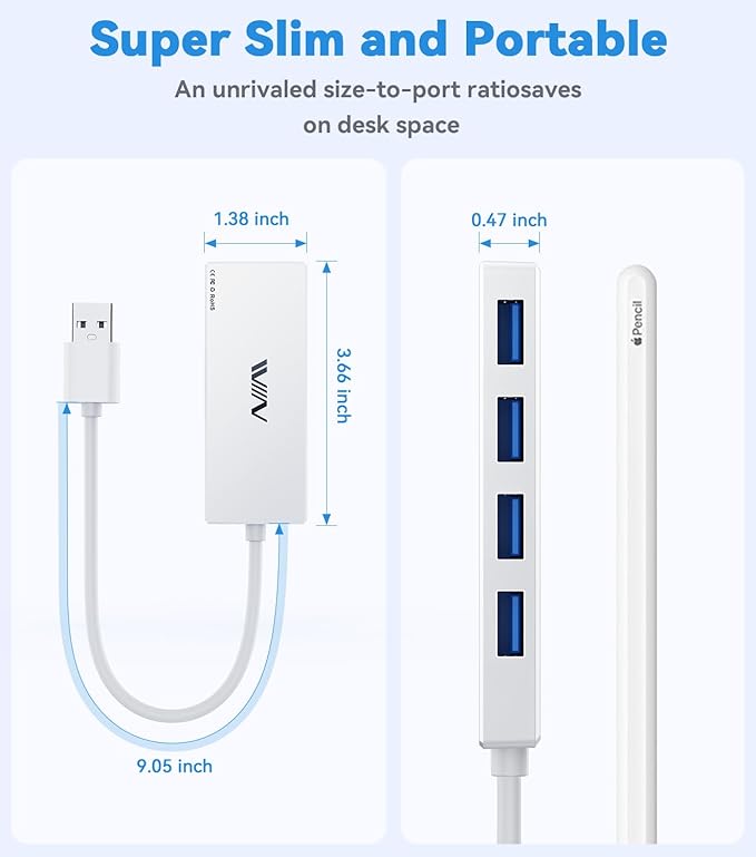 USB 3.0 Hub, 4 Port USB Hub Splitter, USB A Expander Portable USB Adapter Multiport Data Hub for Laptop, iMac Pro, MacBook Air, Mac mini/Pro, Surface Pro, USB Flash Drives, and Mobile HDD-White