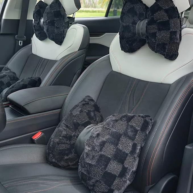 4 Pack Car Neck Pillow and Lumbar Support Cushion Plush Butterfly Knot Headrest Pillow Comfortable Waist Support Cute Car Interior Decor