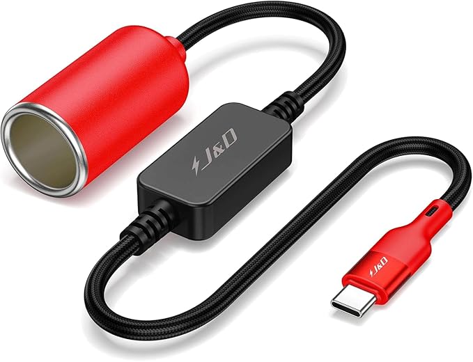 J&D USB C Male to 12V Car Cigarette Lighter Socket Female Converter Cable, 12V 18W Power Cable for Dash Cam, GPS, Car LED Light Strips, Red, 5 ft