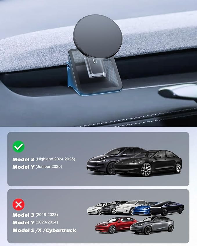 CloudValley Magnetic Phone Mount for Tesla Model 3 Highland Model Y Juniper, Strong Grip, 360° Adjustable, Dashboard Car Holder 2025, Compatible with iPhone MagSafe 17/16/15/14/13/12