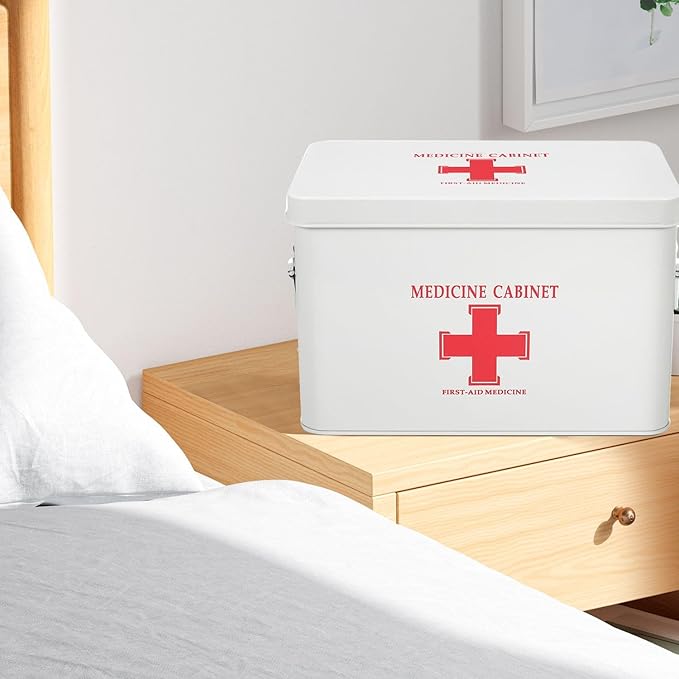Flexzion First Aid Box Organizer Empty 13" White Vintage First Aid Kit Tin Metal Medical Box - First Aid Storage Box Container Bins with Dividers, Removable Tray and Red Cross Logo